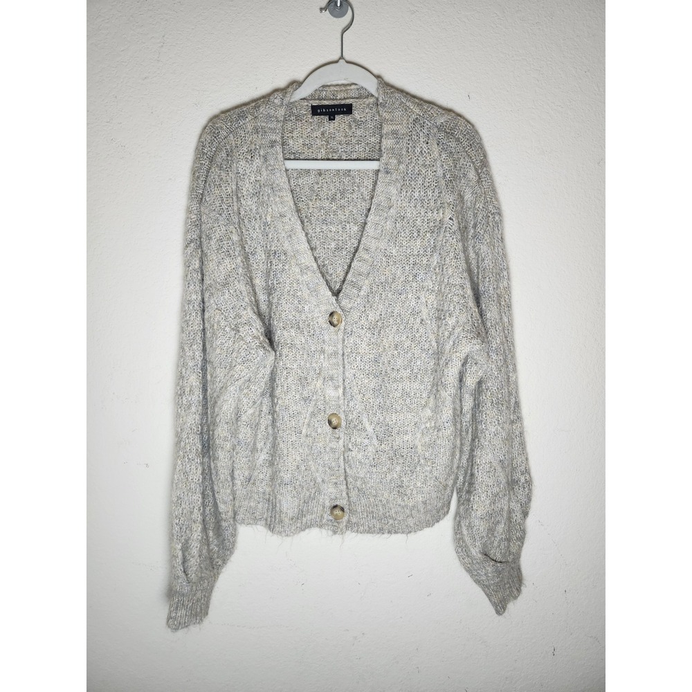 Gibsonlook Cardigan Women XL Gray Cable Knit Button Up V-Neck Sweater IM10599GL